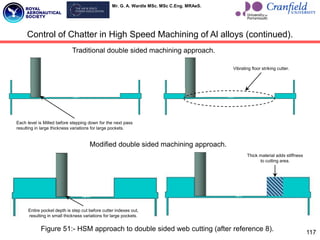 Mr. G. A. Wardle MSc. MSc C.Eng. MRAeS.
117
Control of Chatter in High Speed Machining of Al alloys (continued).
Vibrating floor striking cutter.
Each level is Milled before stepping down for the next pass
resulting in large thickness variations for large pockets.
Traditional double sided machining approach.
Modified double sided machining approach.
Thick material adds stiffness
to cutting area.
Entire pocket depth is step cut before cutter indexes out,
resulting in small thickness variations for large pockets.
Figure 51:- HSM approach to double sided web cutting (after reference 8).
 