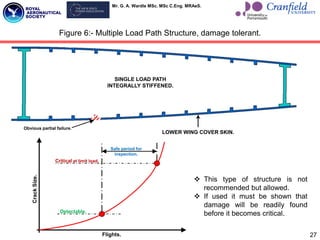 Mr. G. A. Wardle MSc. MSc C.Eng. MRAeS.
27
Figure 6:- Multiple Load Path Structure, damage tolerant.
SINGLE LOAD PATH
INTEGRALLY STIFFENED.
Obvious partial failure.
LOWER WING COVER SKIN.
Safe period for
inspection.
Critical at limit load.
Detectable.
Crack
Size.
Flights.
 This type of structure is not
recommended but allowed.
 If used it must be shown that
damage will be readily found
before it becomes critical.
 