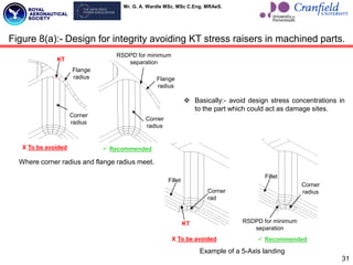 Mr. G. A. Wardle MSc. MSc C.Eng. MRAeS.
31
Figure 8(a):- Design for integrity avoiding KT stress raisers in machined parts.
KT
Corner
radius
Flange
radius
X To be avoided
RSDPD for minimum
separation
Corner
radius
Flange
radius
 Recommended
Where corner radius and flange radius meet.
Fillet
Corner
rad
KT
X To be avoided
Fillet
Corner
radius
RSDPD for minimum
separation
 Recommended
Example of a 5-Axis landing
 Basically:- avoid design stress concentrations in
to the part which could act as damage sites.
 