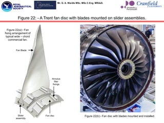 Mr. G. A. Wardle MSc. MSc C.Eng. MRAeS.
65
Figure 22: - A Trent fan disc with blades mounted on slider assemblies.
Figure 22(a):- Fan
fixing arrangement of
typical wide – chord
commercial fan.
Fan Blade
Annulus
filler
fixings
Fan disc
Slider
assembly
Figure 22(b):- Fan disc with blades mounted and installed.
 