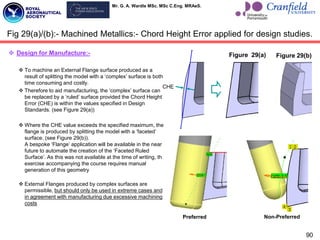 Mr. G. A. Wardle MSc. MSc C.Eng. MRAeS.
 Design for Manufacture:-
 To machine an External Flange surface produced as a
result of splitting the model with a „complex‟ surface is both
time consuming and costly.
 Therefore to aid manufacturing, the „complex‟ surface can
be replaced by a „ruled‟ surface provided the Chord Height
Error (CHE) is within the values specified in Design
Standards. (see Figure 29(a))
 Where the CHE value exceeds the specified maximum, the
flange is produced by splitting the model with a „faceted‟
surface. (see Figure 29(b)).
A bespoke „Flange‟ application will be available in the near
future to automate the creation of the „Faceted Ruled
Surface‟. As this was not available at the time of writing, the
exercise accompanying the course requires manual
generation of this geometry
 External Flanges produced by complex surfaces are
permissible, but should only be used in extreme cases and
in agreement with manufacturing due excessive machining
costs
Fig 29(a)/(b):- Machined Metallics:- Chord Height Error applied for design studies.
Figure 29(a) Figure 29(b)
CHE
Preferred Non-Preferred
90
 