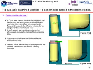 Mr. G. A. Wardle MSc. MSc C.Eng. MRAeS.
 Design for Manufacture:-
 In Figure 30(a) the area shaded in Black indicates the 5
Axis Landing, and is the remaining material following
machining of the internal face of the closed angle
flange, and represents the difference between the „as
designed‟ and „as manufactured‟ part.
 In such cases, it is a mandatory requirement for
allowances to be made for the loss of fastener seating
area.
 The remaining material can be further reduced by
additional machining.
 The area shown in Black in Figure 30(b) represents the
preferred condition of 5 axis landings following
machining.
Figure 30(a)
Figure 30(b)
Preferred
Fig 30(a)/(b):- Machined Metallics :- 5 axis landings applied in the design studies.
91
 