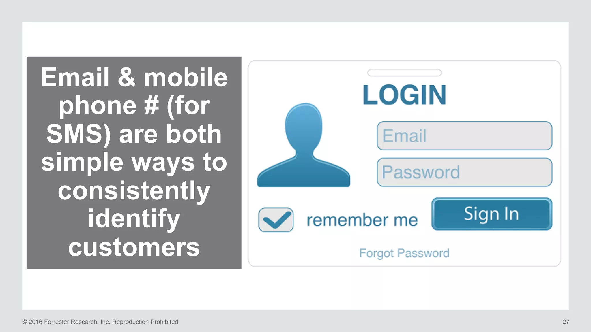 © 2016 Forrester Research, Inc. Reproduction Prohibited 27
Email & mobile
phone # (for
SMS) are both
simple ways to
consistently
identify
customers
 