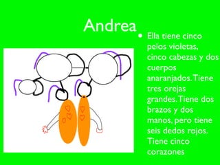 Andrea
         • Ella tiene cinco
           pelos violetas,
           cinco cabezas y dos
           cuerpos
           anaranjados. Tiene
           tres orejas
           grandes. Tiene dos
           brazos y dos
           manos, pero tiene
           seis dedos rojos.
           Tiene cinco
           corazones
 