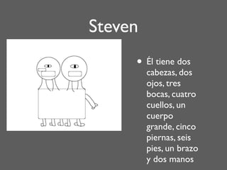 Steven
     • Él tiene dos
         cabezas, dos
         ojos, tres
         bocas, cuatro
         cuellos, un
         cuerpo
         grande, cinco
         piernas, seis
         pies, un brazo
         y dos manos
 