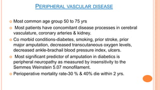 PERIPHERAL VASCULAR DISEASE
 Most common age group 50 to 75 yrs
 Most patients have concomitant disease processes in cerebral
vasculature, coronary arteries & kidney.
 Co morbid conditions-diabetes, smoking, prior stroke, prior
major amputation, decreased transcutaneous oxygen levels,
decreased ankle-brachail blood pressure index, ulcers.
 Most significant predictor of amputation in diabetics is
peripheral neuropathy as measured by insensitivity to the
Semmes Weinstein 5.07 monofilament.
 Perioperative mortality rate-30 % & 40% die within 2 yrs.
 