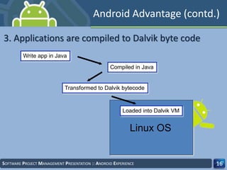 SOFTWARE PROJECT MANAGEMENT PRESENTATION :: ANDROID EXPERIENCE 16
Write app in Java
Compiled in Java
Transformed to Dalvik bytecode
Linux OS
Loaded into Dalvik VM
Android Advantage (contd.)
3. Applications are compiled to Dalvik byte code
 