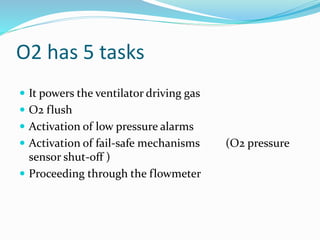 O2 has 5 tasks
 It powers the ventilator driving gas
 O2 flush
 Activation of low pressure alarms
 Activation of fail-safe mechanisms (O2 pressure
sensor shut-off )
 Proceeding through the flowmeter
 