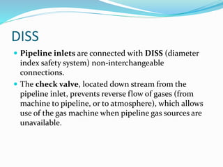 DISS
 Pipeline inlets are connected with DISS (diameter
index safety system) non-interchangeable
connections.
 The check valve, located down stream from the
pipeline inlet, prevents reverse flow of gases (from
machine to pipeline, or to atmosphere), which allows
use of the gas machine when pipeline gas sources are
unavailable.
 