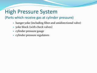 High Pressure System
(Parts which receive gas at cylinder pressure)
 hanger yoke (including filter and unidirectional valve)
 yoke block (with check valves)
 cylinder pressure gauge
 cylinder pressure regulators
 