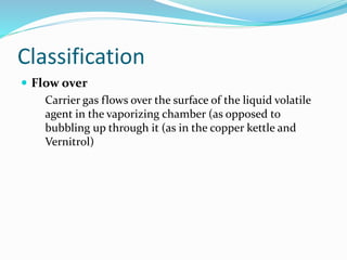 Classification
 Flow over
Carrier gas flows over the surface of the liquid volatile
agent in the vaporizing chamber (as opposed to
bubbling up through it (as in the copper kettle and
Vernitrol)
 