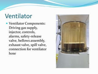 Ventilator
 Ventilator Components:
Driving gas supply,
injector, controls,
alarms, safety-release
valve, bellows assembly,
exhaust valve, spill valve,
connection for ventilator
hose
 