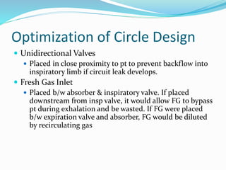 Optimization of Circle Design
 Unidirectional Valves
 Placed in close proximity to pt to prevent backflow into
inspiratory limb if circuit leak develops.
 Fresh Gas Inlet
 Placed b/w absorber & inspiratory valve. If placed
downstream from insp valve, it would allow FG to bypass
pt during exhalation and be wasted. If FG were placed
b/w expiration valve and absorber, FG would be diluted
by recirculating gas
 
