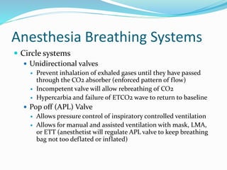 Anesthesia Breathing Systems
 Circle systems
 Unidirectional valves
 Prevent inhalation of exhaled gases until they have passed
through the CO2 absorber (enforced pattern of flow)
 Incompetent valve will allow rebreathing of CO2
 Hypercarbia and failure of ETCO2 wave to return to baseline
 Pop off (APL) Valve
 Allows pressure control of inspiratory controlled ventilation
 Allows for manual and assisted ventilation with mask, LMA,
or ETT (anesthetist will regulate APL valve to keep breathing
bag not too deflated or inflated)
 