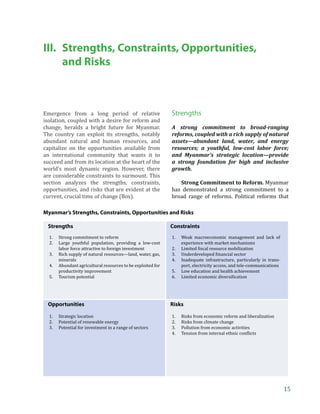 Myanmar in Transition



Table 5. Selected MDG Performance Indicators
                                 Myanmar              Indonesia             Malaysia             Thailand            Viet Nam
                             Earliest Latest Earliest Latest Earliest Latest Earliest Latest Earliest Latest
Indicator                     Year     Year   Year     Year   Year     Year   Year     Year   Year     Year
MDG 1: Eradicate Extreme Poverty and Hunger
Poverty Incidence (% -    no data    no    54.3   18.7                    1.6        0.0        5.5      0.4      63.7       13.1
$1.25 PPP)                         dataa  (1990) (2009)                 (1992)     (2009)     (1992)   (2004)    (1993)     (2008)
Underweight Children       28.8    29.6    29.8   19.6                  no data     16.7       16.3      7.0      36.9       20.2
Under 5 (%)               (1990) (2003)b (1992) (2007)                             (1999)     (1993)   (2005)    (1992)     (2006)
Food Poverty Incidence       47      5     16      13                    5         5         26       16        31         11
(%)                       (1990) (2010)c (1990) (2004)                  (1990)     (2004)     (1990)   (2004)    (1990)     (2004)
MDG 2: Achieve Universal Primary Education
Primary Level Net          84.7    87.7    98.3   98.4                   97.7       94.1       93.2     90.1      95.8       94.5
Enrollment (%)            (2005) (2010) (2000) (2009)                   (1990)     (2008)     (2006)   (2009)    (1990)     (2001)
Literacy of 15-24 Year     94.6    95.8    98.7   99.5                   97.2       98.5       98.0     98.1      93.9       96.9
Olds (%)                  (2000) (2010) (2004) (2008)                   (2000)     (2009)     (2000)   (2005)    (1990)     (2009)
MDG 3: Promote Gender Equality and Empower Women
Girls/Boys in Primary      0.95    0.93    0.98   0.97                   0.99       0.99       0.98     0.98      0.93       0.95
School (Ratio)            (1991) (2010) (1991) (2009)                   (1991)     (2008)     (1991)   (2009)    (1991)     (2001)
Girls/Boys in Secondary    0.97    0.96    0.83   0.81                   1.05       1.07       0.99     1.09      0.90       0.92
School (Ratio)            (1991) (2010) (1991) (2008)                   (1991)     (2008)     (1991)   (2009)    (1999)     (2001)
MDG 4: Reduce Child Mortality
U5 Mortality Rate (per      112      66     86      39                    18         6          32       14        55         24
1,000 live births)        (1990) (2010) (1990) (2009)                   (1990)     (2009)     (1990)   (2009)    (1990)     (2009)
Infant Mortality Rate        79      50     56      30                    16         6          27       12        39         20
(per 1,000 live births)   (1990) (2010) (1990) (2009)                   (1990)     (2009)     (1990)   (2009)    (1990)     (2009)
MDG 5: Improve Maternal Health
Maternal Mortality Ratio    420     240    620     240                    56         31         50       48        170        56
(per 100,000 live births) (1990) (2008) (1990) (2008)                   (1990)     (2008)     (1990)   (2008)    (1990)     (2008)
Births Attended by           56     78      50      75                    96         99         99       99        77         88
Skilled Personnel (%)     (1997) (2010) (1995) (2008)                   (1995)     (2007)     (2000)   (2009)    (1997)     (2006)
MDG 6: Combat HIV/AIDS, Malaria and Other Diseases
HIV Prevalence (% of        0.2     0.6    0.1    0.2                    0.4        0.5       1.7       1.3       0.3     0.4
Population Aged 15-49) (1990) (2009) (2001) (2009)                      (2001)     (2009)    (2001)    (2009)    (2001) (2009)
Malaria Incidence (per    no data 7943 no data 1645                     no data      75      no data      55     no data no data
100,000 population)               (2008)         (2008)                            (2008)              (2008)
Tuberculosis Incidence      393    388      88      89                    127        83         137      137       204       200
(per 100,000              (1990) (2009) (1990) (2009)                   (1990)     (2009)     (1990)   (2009)    (1990)     (2009)
population)
Tuberculosis prevalence     924    597     158    131                     227        109        209      189       395       333
(per 100,000)             (1990) (2009) (1990) (2009)                   (1990)     (2009)     (1990)   (2009)    (1990)     (2009)
MDG 7: Ensure Environmental Sustainability
Improved Drinking           57      69      71      80                    88         100        91       98        58         94
Water Source (%)          (1990) (2010) (1990) (2008)                   (1990)     (2008)     (1990)   (2008)    (1990)     (2008)
Improved Facility for       49      79      33      52                    84         96         80       96        35         75
Sanitation (%)            (1995) (2010) (1990) (2008)                   (1990)     (2008)     (1990)   (2008)    (1990)     (2008)
MDG 8: Develop a Global Partnership for Development
Debt Service as % of       18.2     0.2    25.6    7.3                   10.6        3.1       11.4      0.8       3.2        1.7
Exports                   (1990) (2006) (1990) (2009)                   (1990)     (2009)     (1990)   (2009)    (1996)     (2009)
MDG = Millenium Development Goal.
a
  Based on IHLCS 2011, poverty headcount ratio under national poverty line is 25.6 in 2010.
b
  Based on IHLCS 2011, Severe cases account for 9.1, while moderate cases account for 32% in 2010.
c
   ƒ•‡† ‘  