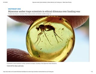 6/12/2020 Myanmar amber traps scientists in ethical dilemma over funding war - Nikkei Asian Review
https://asia.nikkei.com/Location/Southeast-Asia/Myanmar-amber-traps-scientists-in-ethical-dilemma-over-funding-war 1/12
SOUTHEAST ASIA
Myanmar amber traps scientists in ethical dilemma over funding war
Fossils like those in 'Jurassic Park' draw scrutiny as Kachin conflict drags on
A prehistoric insect fossilized in amber maintains its shape. (Courtesy of the Myanmar Amber Museum)
YUICHI NITTA, Nikkei staff writer
 