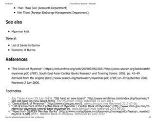10/16/2017 Central Bank of Myanmar - Wikipedia
https://en.wikipedia.org/wiki/Central_Bank_of_Myanmar 4/5
Than Than Swe (Accounts Department)
Win Thaw (Foreign Exchange Management Department)
See also
Myanmar kyat
General:
List of banks in Burma
Economy of Burma
References
"The Union of Myanmar" (https://web.archive.org/web/20070929022831/http://www.seacen.org/bankwatch/
myanmar.pdf) (PDF). South East Asian Central Banks Research and Training Centre. 2005. pp. 45–49.
Archived from the original (http://www.seacen.org/bankwatch/myanmar.pdf) (PDF) on 29 September 2007.
Retrieved 2 July 2006.
Footnotes
1. Aye Thidar Kyaw (29 July 2013). "Old hand on new board" (http://www.mmtimes.com/index.php/business/7
587-old-hand-on-new-board.html). The Myanmar Times. Retrieved 31 July 2013.
2. "Central Bank of Myanmar" (http://www.cbm.gov.mm/). www.cbm.gov.mm. Retrieved 2017-07-16.
3. "List of Governors of the Central Bank of Myanmar | Central Bank of Myanmar" (http://www.cbm.gov.mm/co
ntent/list-governors-central-bank-myanmar-0). www.cbm.gov.mm. Retrieved 2016-09-20.
4. "News from SEACEN Member Banks" (http://www.mongolbank.mn/documents/moneypolicy/seacen_newslett
er/2011-4.pdf) (PDF). National Bank of Mongolia. Retrieved 15 June 2012.
 