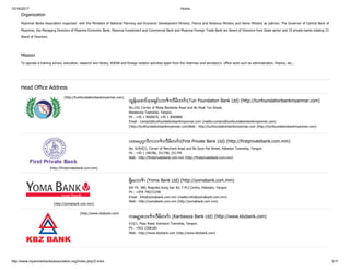 10/16/2017 Home
http://www.myanmarbanksassociation.org/index.php/2-mba 5/11
Organization
Myanmar Banks Association organized with the Ministers of National Planning and Economic Development Ministry, Fiance and Revenue Ministry and Home Ministry as patrons. The Governor of Central Bank of
Myanmar, the Managing Directors of Myanma Economic Bank, Myanma Investment and Commercial Bank and Myanma Foreign Trade Bank are Board of Directors from State sector and 19 private banks totaling 23
Board of Directors.
Mission
To operate a training school, education, research and library, ASEAN and foreign relation activities apart from the chairman and secretary's office work such as administration, finance, etc...
Head Office Address
(http://tunfoundationbankmyanmar.com)
ထြန္းေဖာင္ေဒးရွင္းဘဏ္ လီမိတက္ (Tun Foundation Bank Ltd) (http://tunfoundationbankmyanmar.com)
No.230, Corner of Maha Bandoola Road and Bo Myat Tun Street,
Botataung Township, Yangon.
Ph : +95 1 9000879, +95 1 9000880
Email : contact@tunfoundationbankmyanmar.com (mailto:contact@tunfoundationbankmyanmar.com)
(http://tunfoundationbankmyanmar.com)Web : http://tunfoundationbankmyanmar.com (http://tunfoundationbankmyanmar.com)
(http://firstprivatebank.com.mm)
ပထမပုဂၢလိကဘဏ္ လီမိတက္ (First Private Bank Ltd) (http://firstprivatebank.com.mm)
No. 619/621, Corner of Merchant Road and Bo Soon Pat Street, Pabedan Township, Yangon.
Ph : +95 1 246786, 251748, 251749
Web : http://firstprivatebank.com.mm (http://firstprivatebank.com.mm)
(http://yomabank.com.mm)
ရိုးမဘဏ္ (Yoma Bank Ltd) (http://yomabank.com.mm)
6th Flr, 380, Bogyoke Aung San Rd, F.M.I Centre, Pabedan, Yangon.
Ph : +959 796372298
Email : info@yomabank.com.mm (mailto:info@yomabank.com.mm)
Web : http://yomabank.com.mm (http://yomabank.com.mm)
(http://www.kbzbank.com)
ကေမာၻဇဘဏ္ လီမိတက္ (Kanbawza Bank Ltd) (http://www.kbzbank.com)
615/1, Pyay Road, Kamayut Township, Yangon.
Ph : +951 2306185
Web : http://www.kbzbank.com (http://www.kbzbank.com)
 