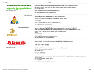 10/16/2017 Home
http://www.myanmarbanksassociation.org/index.php/2-mba 9/11
(http://rdbankmm.com/)
ေက် းလက္ ဖြံ႕ၿဖိဳးေရးဘဏ္ လီမိတက္ (Rural Development Bank) (http://rdbankmm.com/)
Bank Block (2), Myat Pan Thazin Street, Thiri Yadanar Shopping Complex, Zabuthiri Township, Naypyitaw.
Ph : (+95) 067-421941
Email : honpt@rbbankmm.com (mailto:honpt@rbbankmm.com)
Web : http://rdbankmm.com/ (http://rdbankmm.com/)
(http://ablmm.com)
အင္း၀ဘဏ္ လီမိတက္ (Innwa Bank Ltd) (http://ablmm.com)
No.(554/556), Corner of Merchant Road & 35 street, Kyauktada township, Yangon.
Ph : 951 256254
Email : ccf.complain@gmail.com (mailto:ccf.complain@gmail.com)
Web : http://ablmm.com (http://ablmm.com)
(http://www.shwebank.com)
ေရႊဘဏ္ ( ေရႊ ေက် းလက္ ႏွင့္ၿမိဳ႕ျပဖြံ႕ၿဖိဳးေ (http://www.shwebank.com)ရးဘဏ္ လီမိတက္ )
Shwe BanK(Shwe Rural and Urban Development Bank Ltd) (http://www.shwebank.com)
No.66-76, Corner of Merchant Road and Pansodan Street, Kyauktada Township,
Yangon.
Ph: +951 2306977
Fax: +951 371834
Email : info@shwebank.com (mailto:info@shwebank.com)
Web : http://shwebank.com (http://shwebank.com)
(http://abank.com.mm)
Ayeyarwaddy Farmers Development Bank (http://abank.com.mm)
PATHEIN : HEAD OFFICE
No,33,Corner of Maharbandula Road and Myainghaymar Street, No.(3) Ward,Pathein.
Ph : (+95-42)23474, 231318, 21319, 21320
Fax : (+95-42) 23473
Yangon : OFFICE
No,531, Room No. (103), 1 st Floor,Yetakhon Tower, Corner of Lower Kyee Myint Daing Road and Pann Hlaing Street, Kyimyintdaing
Township, Yangon.
Ph : +951-508103, 508184, , 508185, 508186
Fax : +951-508087
Web : http://abank.com.mm (http://abank.com.mm)
 