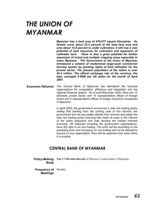 MYANMAR 63
THE UNION OF
MYANMAR
Myanmar has a land area of 676,577 square kilometres. As
forests cover about 52.3 percent of the total land area and
only about 14.8 percent is under cultivation, it still has a vast
potential of land resources for cultivation and expansion of
cultivable land. There is also a great potential for further
expansion of mixed and multiple cropping areas especially in
lower Myanmar. The Government of the Union of Myanmar
introduced a scheme of modernised large-scale commercial
farming system by granting rights of land utilisation for the
private sector. The present population of the nation is over
55.4 million. The official exchange rate of the currency, the
kyat, averaged 5.6000 per US dollar for the month of April
2007.
Economic Reforms The Central Bank of Myanmar has liberalised the financial
organisations for competition, efficiency and integration into the
regional financial system. As of end-November 2005, there are 15
domestic private banks and 15 representative offices of foreign
banks and 3 representative offices of foreign insurance companies
in Myanmar.
In April 2003, the government announced a new rice trading policy
stating that starting from the coming year of rice harvest, the
government will not buy paddy directly from farmers and adopt the
new rice trading policy ensuring free trade of crops in the interest
of the entire peasantry and help develop the market oriented
economy. All nationals including the government organisations,
have the right to do rice trading. The price will be according to the
prevailing price and monopoly on rice trading will not be allowed to
anyone or any organisation. Rice will be exported only when there
is a surplus.
CENTRAL BANK OF MYANMAR
Policy-Making
Body
THE 17-MEMBER BOARD of Directors, Central Bank of Myanmar.
Frequency of
Meetings
Monthly
 