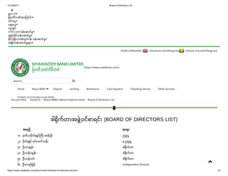 10/16/2017 Board of Directors List
https://www.mwdbank.com/about-mwd-en/board-of-directors-list.html 1/2

မလ (/)
မဝတဘဏအ က င 
အပ င
ခ င
ငလ
ATM Card ဝန ဆ ငမ
အနလင ဝန ဆ ငမ
ငငခ ဘဏလပငန ဝန ဆ ငမ
အခ ဝန ဆ ငမမ 
YOUR LANGUAGE   (/home-en.html?lang=en) (/home-mm.html?lang=en)
You are here:   Home (/) / About MWD (/about-mwd-en.html) / Board of Directors List
ဒ ကတ အဖဝငစ ရင (BOARD OF DIRECTORS LIST)
  အမည ရ ထ
၁။ ဒတယဗလခ ပက ဆန ဦ ဥက
၂။ ဗလခ ပ ခင မ ငသန ဒ-ဥက
၃။ ဦ ဘထန ဒ ကတ
၄။ ဦ သန ထန ဒ ကတ
၅။ ဦ သန ဝင ဒ ကတ
၆။ ဦ က မင Independent Director

(https://www.mwdbank.com/)
Search... 

Home About MWD Deposit Lending Remittance Card Payment E-Banking Service Other Services
Contact Us (/contact-us-en.html)
 