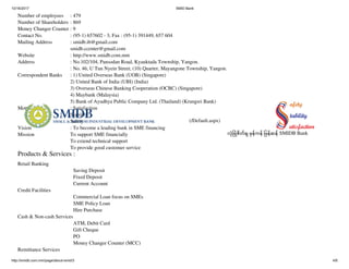 10/16/2017 SMID Bank
http://smidb.com.mm/page/about-smid/3 4/6
Number of employees : 479
Number of Shareholders : 869
Money Changer Counter : 9
Contact No. : (95-1) 657602 - 3, Fax : (95-1) 391449, 657 604
Mailing Address : smidb.ib@gmail.com
smidb.ccenter@gmail.com
Website : http://www.smidb.com.mm
Address : No.102/104, Pansodan Road, Kyauktada Township, Yangon.
: No. 46, U Tun Nyein Street, (10) Quarter, Mayangone Township, Yangon.
Correspondent Banks : 1) United Overseas Bank (UOB) (Singapore)
2) United Bank of India (UBI) (India)
3) Overseas Chinese Banking Cooperation (OCBC) (Singapore)
4) Maybank (Malaysia)
5) Bank of Ayudhya Public Company Ltd. (Thailand) (Krungsri Bank)
Motto : Satisfaction
Stability
Safety
Vision : To become a leading bank in SME financing
Mission To support SME financially
To extend technical support
To provide good customer service
Products & Services :
Retail Banking
Saving Deposit
Fixed Deposit
Current Account
Credit Facilities
Commercial Loan focus on SMEs
SME Policy Loan
Hire Purchase
Cash & Non-cash Services
ATM, Debit Card
Gift Cheque
PO
Money Changer Counter (MCC)
Remittance Services
လ ခ စတခ မနကန မနဆန SMIDB Bank
(/Default.aspx)
 
