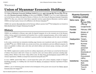 10/16/2017 Union of Myanmar Economic Holdings - Wikipedia
https://en.wikipedia.org/wiki/Union_of_Myanmar_Economic_Holdings 1/3
Myanma Economic
Holdings Limited
Native name ျမန္မာ့
စီးပွားရေး ဦးပိုင်
လီမိတက်
Industry Conglomerate
Founded February 1990
Founder Ministry of
Defence
(Burma)
Headquarters Yangon,
Myanmar
Owner Burmese
military
personnel
(60%)
Directorate of
Defence
Procurement
(40%)
Subsidiaries Myawaddy
Bank
Myawaddy
Tours &
Travel
Union of Myanmar Economic Holdings
The Union of Myanmar Economic Holdings Limited (Burmese: ပြည် ထောင် စု မြန် မာနိုင် ငံ စီးပွားရေး ဦးပိုင် လီမိတက် ;
also called Myanma Economic Holding and abbreviated UMEHL or UMEH) is one of two major conglomerates
run by the Burmese military (through the Ministry of Defence), the other being the Myanmar Economic Corporation
(MEC).[1] In May 2012, when the United States suspended sanctions against Burma (Myanmar), sanctions against
UMEHL were kept in place, because of its affiliation to the Burmese Tatmadaw.[2]
UMEHL also operates Myawaddy Bank and the Burmese military's pension fund.[3] The headquarters are located on
Maha Bandula Road in Yangon's Botataung Township.[4]
UMEHL was established in February 1990 under the Special Companies Act as the economic arm of the Burmese
military, during a period of privatisation and transition from a socialist command economy, with an initial capital of
$1.6 billion USD.[5][6] UMEHL was established to generate profits from light industry and the trade of commercial
goods.[7]
In the 2000s, several state-run enterprises including sugar factories were transferred under the control of UMEHL
and MEH.[8] By 2007, UMEHC wholly owns seventy-seven firms, nine subsidiaries and seven affiliated companies. Its
shares are available to military units, active duty and retired military and veterans' groups, returning a 30% profit
since 1995.[9]
The UMEHL conglomerate is jointly owned by two military departments; 40% of shares are owned by the Directorate
of Defence Procurement while 60% of shares are owned by active and veteran defence personnel, including high-
ranking military officials of the former ruling military junta, the State Peace and Development Council (SPDC) and
veterans organisations. UMEHL is exempt from commercial and profit taxes.[10]
In 2010, UMEHL opened Ruby Mart, a 50,000-square-foot (4,600 m2) 5-storey shopping complex in Yangon's
Kyauktada Township, in a building that once housed the Ministry of Commerce's Myanmar Agricultural Produce
Trading.[11]
UMEHL is one of 18 Burmese firms involved in the development of the 50,000 acres (20,000 ha) Thilawa Special
Economic Zone near Yangon.[12]
History
 