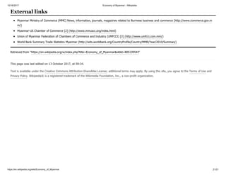 10/16/2017 Economy of Myanmar - Wikipedia
https://en.wikipedia.org/wiki/Economy_of_Myanmar 21/21
Myanmar Ministry of Commerce (MMC) News, information, journals, magazines related to Burmese business and commerce (http://www.commerce.gov.m
m/)
Myanmar-US Chamber of Commerce [2] (http://www.mmuscc.org/index.html)
Union of Myanmar Federation of Chambers of Commerce and Industry (UMFCCI) [3] (http://www.umfcci.com.mm/)
World Bank Summary Trade Statistics Myanmar (http://wits.worldbank.org/CountryProfile/Country/MMR/Year/2010/Summary)
Retrieved from "https://en.wikipedia.org/w/index.php?title=Economy_of_Myanmar&oldid=805139544"
This page was last edited on 13 October 2017, at 09:34.
Text is available under the Creative Commons Attribution-ShareAlike License; additional terms may apply. By using this site, you agree to the Terms of Use and
Privacy Policy. Wikipedia® is a registered trademark of the Wikimedia Foundation, Inc., a non-profit organization.
External links
 