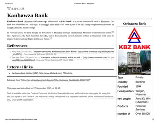 10/16/2017 Kanbawza Bank - Wikipedia
https://en.wikipedia.org/wiki/Kanbawza_Bank 1/2
Kanbawza Bank
Type Private
Industry Banking
Founded 1994
Headquarters Yangon,
Myanmar
Key people Aung Ko Win
(Chairman)
Products Financial
Services
Number of Over 18,000
Kanbawza Bank
Kanbawza Bank (Burmese: ကမ္ဘောဇဘဏ် ; abbreviated as KBZ Bank) is a private commercial bank in Myanmar. The
bank was established on 1 July 1994 in Taunggyi, Shan State. KBZ bank is part of the KBZ Group conglomerate (founded by
Aung Ko Win aka Saya Kyaung).
In February 2010, the bank bought an 80% share in Myanmar Airways International, Myanmar's international airline.[1]
On 1 April 2011, the bank launched Air KBZ, one of four privately owned domestic airlines in Myanmar, with plans to
expand to international flights in the near future.[2]
1. Moe, Wai (2010-02-03). "Western-sanctioned Kanbawza Bank Buys Airline" (http://www.irrawaddy.org/article.php?art
_id=17734). The Irrawaddy. Retrieved 2010-09-14.
2. Zaw Win Than (28 March 2011). "Kanbawza to launch domestic airline on April 1" (http://www.mmtimes.com/2011/n
ews/568/news56805.html). Myanmar Times. Retrieved 25 March 2012.
Kanbawza Bank Limited (KBZ) (http://www.kbzbank.com) Official site
Retrieved from "https://en.wikipedia.org/w/index.php?title=Kanbawza_Bank&oldid=802615307"
This page was last edited on 27 September 2017, at 09:32.
Text is available under the Creative Commons Attribution-ShareAlike License; additional terms may apply. By using this
site, you agree to the Terms of Use and Privacy Policy. Wikipedia® is a registered trademark of the Wikimedia Foundation,
Inc., a non-profit organization.
References
External links
 