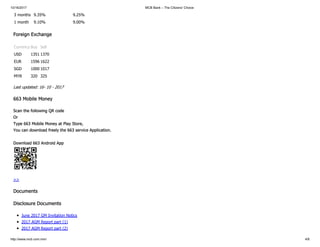 10/16/2017 MCB Bank – The Citizens' Choice
http://www.mcb.com.mm/ 4/8
3 months 9.35% 9.25%
1 month 9.10% 9.00%
Foreign Exchange
Currency Buy Sell
USD 1351 1370
EUR 1596 1622
SGD 1000 1017
MYR 320 325
Last updated: 16- 10 - 2017
663 Mobile Money
Scan the following QR code
Or
Type 663 Mobile Money at Play Store,
You can download freely the 663 service Application.
Download 663 Android App
>>
Documents
Disclosure Documents
June 2017 GM Invitation Notics
2017 AGM Report part (1)
2017 AGM Report part (2)
 