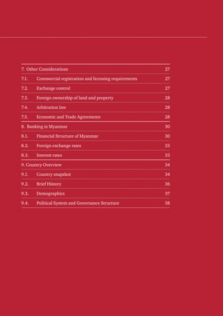7. Other Considerations

27

7.1.

Commercial registration and licensing requirements

27

7.2.

Exchange control

27

7.3.

Foreign ownership of land and property

28

7.4.

Arbitration law

28

7.5.

Economic and Trade Agreements

28

8. Banking in Myanmar

30

8.1.

Financial Structure of Myanmar

30

8.2.

Foreign exchange rates

33

8.3.

Interest rates

33

9. Country Overview

34

9.1.

Country snapshot

34

9.2.

Brief History

36

9.3.

Demographics

37

9.4.

Political System and Governance Structure

38

										
Myanmar Business Guide	
3

 