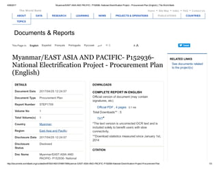 4/26/2017 Myanmar/EAST ASIA AND PACIFIC­ P152936­ National Electrification Project ­ Procurement Plan (English) | The World Bank
http://documents.worldbank.org/curated/en/675531493137499178/Myanmar­EAST­ASIA­AND­PACIFIC­P152936­National­Electrification­Project­Procurement­Plan 1/3
The World Bank Home • Site Map • Index • FAQ • Contact Us
Documents & Reports
Document Date 2017/04/25 12:24:57
Document Type Procurement Plan
Report Number STEP1709
Volume No 1
Total Volume(s) 1
Country Myanmar; 
Region East Asia and Pacific; 
Disclosure Date 2017/04/25 12:24:57
Disclosure
Status
Disclosed
Doc Name Myanmar/EAST ASIA AND
PACIFIC­ P152936­ National
DETAILS DOWNLOADS
COMPLETE REPORT IN ENGLISH
Official version of document (may contain
signatures, etc)
Official PDF , 4 pages  0.1 mb
Total Downloads** : 5
TXT*
*The text version is uncorrected OCR text and is
included solely to benefit users with slow
connectivity.
**Download statistics measured since January 1st,
2014
CITATION
Myanmar/EAST ASIA AND PACIFIC­ P152936­
National Electrification Project ­ Procurement Plan
(English)
RELATED LINKS
See documents related
to the project(s)
ABOUT DATA RESEARCH LEARNING NEWS PROJECTS & OPERATIONS PUBLICATIONS COUNTRIES
TOPICS
A AThis Page in: English Español Français Português Русский ‫ﻋﺭﺑﻲ‬ 中文
 