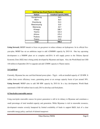 Existing Gas-fired Plants in Mynamar
Station
Kyungchaung
Mann
Shwedaung
Mawlamyaing
Myanaung
Hilawga
Ywama
Ahlone
Thaketa
Thaton
Total

Installed Capacity (MW)
54.3
36.9
55.3
12.0
34.7
208.7
122.3
275.2
145.6
51.0
996.0

Going forward, MOEP intends to focus on gas-power to reduce reliance on hydropower. In its official fiveyear-plan, MOEP has set an ambitious target to add >2500MW capacity by 2015-16. One key upcoming
development is a 500MW plant set to complete end-2014. It will supply power to the Thilawa Special
Economic Zone (SEZ) that is being jointly developed by Myanmar and Japan. Also, the World Bank lent USD
140 million in September 2013 to upgrade and add 125MW capacity to Thaton station.
3) Coal-fired
Currently, Mynamar has one coal-fired thermal power plant – Tigyit – with an installed capacity of 120 MW. It
suffers from severe efficiency issues, generating power at an average capacity factor of just around 30%.
Going forward, MOEP aims to add 300 MW capacity by 2015-16. In a key development, World Bank
sanctioned a USD 165 million loan in early 2013 to develop coal-fired plants.
4) Non-hydro renewable sources
Using non-hydro renewable sources for power generation is still in its infancy in Myanmar and constitutes a
small percentage of total installed capacity and generation. While Myanmar is rich in renewable resources,
development remains severely hampered by limited availability of funds to support R&D; lack of a clear
renewable energy policy; and lack of talented manpower.
Vikas Sharma, PMP®

Page 8

 