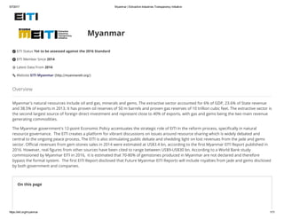 5/7/2017 Myanmar | Extractive Industries Transparency Initiative
https://eiti.org/myanmar 1/11
EITI Status Yet to be assessed against the 2016 Standard
EITI Member Since 2014
Latest Data From 2014
Website EITI Myanmar (http://myanmareiti.org/)
Myanmar's natural resources include oil and gas, minerals and gems. The extractive sector accounted for 6% of GDP, 23.6% of State revenue
and 38.5% of exports in 2013. It has proven oil reserves of 50 m barrels and proven gas reserves of 10 trillion cubic feet. The extractive sector is
the second largest source of foreign direct investment and represent close to 40% of exports, with gas and gems being the two main revenue
generating commodities.
The Myanmar government's 12-point Economic Policy accentuates the strategic role of EITI in the reform process, speciড়cally in natural
resource governance.  The EITI creates a platform for vibrant discussions on issues around resource sharing which is widely debated and
central to the ongoing peace process. The EITI is also stimulating public debate and shedding light on lost revenues from the jade and gems
sector. O৴cial revenues from gem stones sales in 2014 were estimated at US$3.4 bn, according to the ড়rst Myanmar EITI Report published in
2016. However, real ড়gures from other sources have been cited to range between US$9-US$30 bn. According to a World Bank study
commissioned by Myanmar EITI in 2016,  it is estimated that 70-80% of gemstones produced in Myanmar are not declared and therefore
bypass the formal system.  The ড়rst EITI Report disclosed that Future Myanmar EITI Reports will include royalties from jade and gems disclosed
by both government and companies. 
On this page
Myanmar
Overview
 