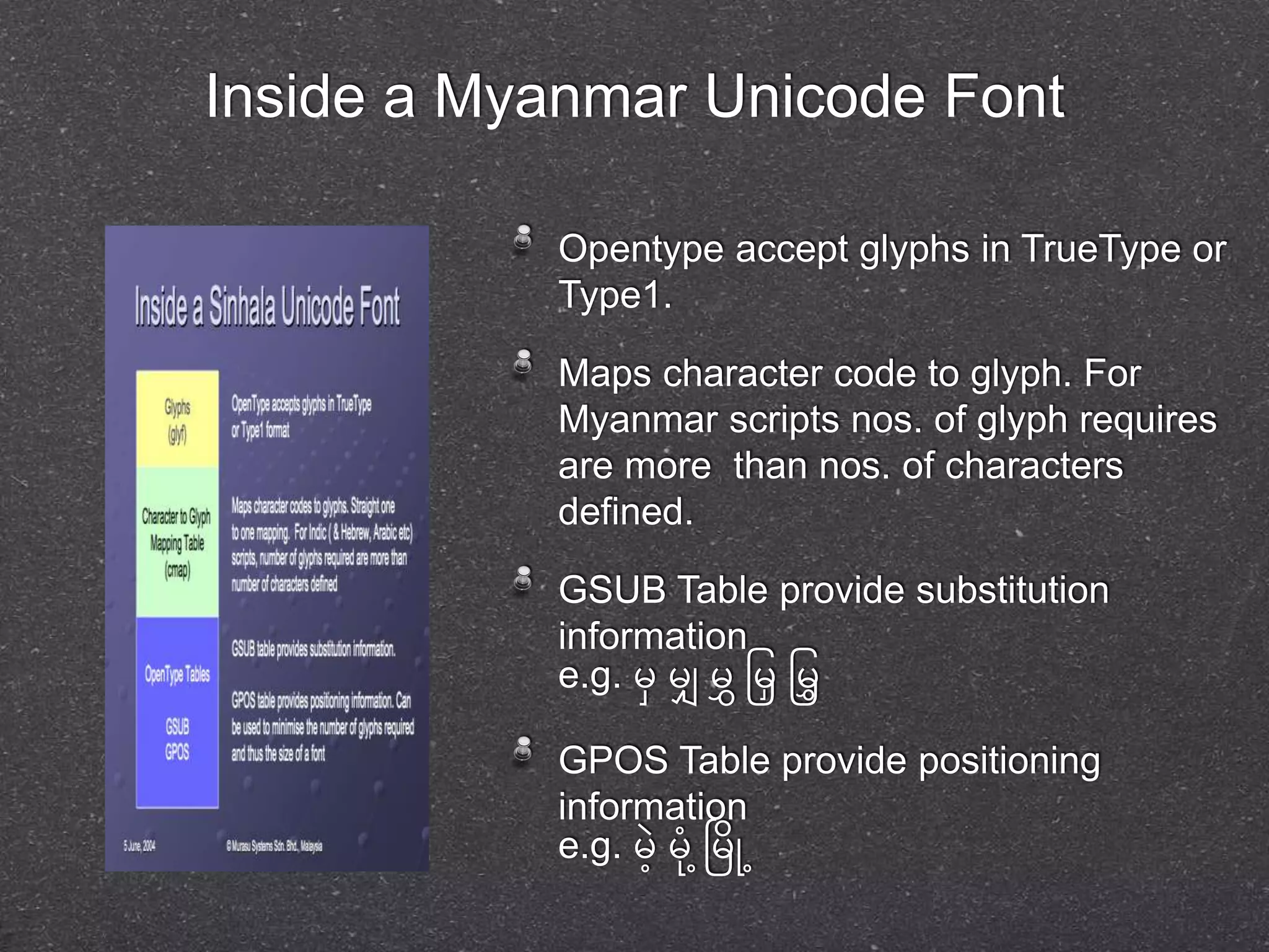 Inside a Myanmar Unicode Font 
Opentype accept glyphs in TrueType or 
Type1. 
Maps character code to glyph. For 
Myanmar scripts nos. of glyph requires 
are more than nos. of characters 
defined. 
GSUB Table provide substitution 
information 
e.g. မှာမှျှ မှွှဖမှြှဖမှြွှ 
GPOS Table provide positioning 
information 
e.g. မှ ို့မှ ုို့ငမှ ြို့ 
 