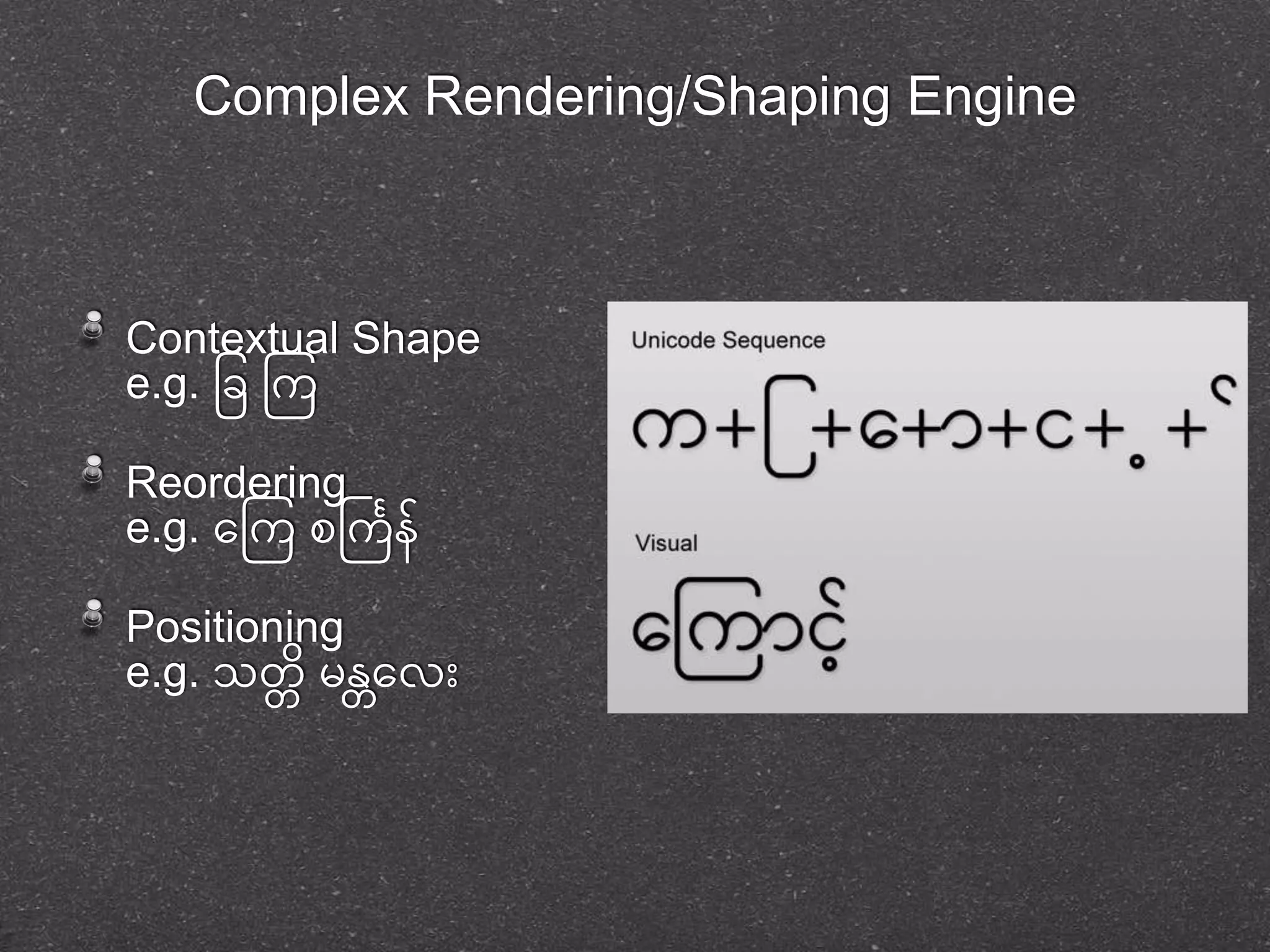 Complex Rendering/Shaping Engine 
Contextual Shape 
e.g. ဖခ ကက 
Reordering 
e.g. တကက စင်္ကြန် 
Positioning 
e.g. သတတ မှနတတဲုံး 
 