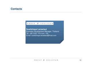 Contacts




           Suwitchaya Lerswisut
           Business Development Manager, Thailand
           Tel: +66 2 637 7414 ext. 105
           Email: suwitchaya.lerswisut@frost.com




                                                    12
 