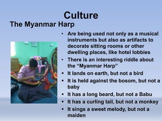 Culture
The Myanmar Harp
• Are being used not only as a musical
instruments but also as artifacts to
decorate sitting rooms or other
dwelling places, like hotel lobbies
• There is an interesting riddle about
the “Myanmar Harp”
 It lands on earth, but not a bird
 It is held against the bosom, but not a
baby
 It has a long beard, but not a Babu
 It has a curling tail, but not a monkey
 It sings a sweet melody, but not a
maiden
 