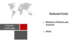 Tourism 
Leadership 
National Scale 
Ministry of Hotels and 
Tourism 
> 
> NGOs 
 