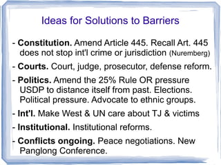 Ideas for Solutions to Barriers 
- Constitution. Amend Article 445. Recall Art. 445 
does not stop int'l crime or jurisdiction (Nuremberg) 
- Courts. Court, judge, prosecutor, defense reform. 
- Politics. Amend the 25% Rule OR pressure 
USDP to distance itself from past. Elections. 
Political pressure. Advocate to ethnic groups. 
- Int'l. Make West & UN care about TJ & victims 
- Institutional. Institutional reforms. 
- Conflicts ongoing. Peace negotiations. New 
Panglong Conference. 
 