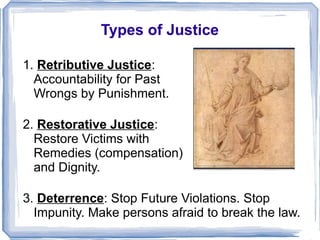 Types of Justice 
1. Retributive Justice: 
Accountability for Past 
Wrongs by Punishment. 
2. Restorative Justice: 
Restore Victims with 
Remedies (compensation) 
and Dignity. 
3. Deterrence: Stop Future Violations. Stop 
Impunity. Make persons afraid to break the law. 
 