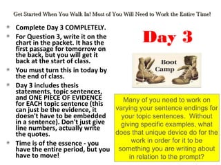 Complete Day 3 COMPLETELY.
For Question 3, write it on the
chart in the packet. It has the
first passage for tomorrow on
the back, but you will get it
back at the start of class.
You must turn this in today by
the end of class.
Day 3 includes thesis
statements, topic sentences,
and ONE PIECE OF EVIDENCE
for EACH topic sentence (this
can just be the evidence, it
doesn't have to be embedded
in a sentence). Don't just give
line numbers, actually write
the quotes.
Time is of the essence - you
have the entire period, but you
have to move!
Get Started When You Walk In! Most of You Will Need to Work the Entire Time!Get Started When You Walk In! Most of You Will Need to Work the Entire Time!
Many of you need to work on
varying your sentence endings for
your topic sentences. Without
giving specific examples, what
does that unique device do for the
work in order for it to be
something you are writing about
in relation to the prompt?
Day 3
 