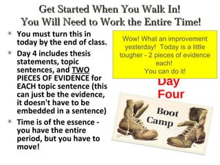 Day
Four
You must turn this in
today by the end of class.
Day 4 includes thesis
statements, topic
sentences, and TWO
PIECES OF EVIDENCE for
EACH topic sentence (this
can just be the evidence,
it doesn't have to be
embedded in a sentence)
Time is of the essence -
you have the entire
period, but you have to
move!
Get Started When You Walk In!Get Started When You Walk In!
You Will Need to Work the Entire Time!You Will Need to Work the Entire Time!
Wow! What an improvement
yesterday! Today is a little
tougher - 2 pieces of evidence
each!
You can do it!
 