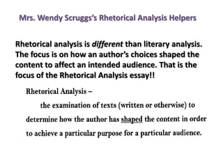 Mrs. Wendy Scruggs’s Rhetorical Analysis Helpers
Rhetorical analysis is different than literary analysis.
The focus is on how an author’s choices shaped the
content to affect an intended audience. That is the
focus of the Rhetorical Analysis essay!!

 