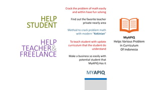 MyAPIQ
Helps Various Problem
in Curriculum
Of Indonesia
HELP
STUDENT
HELP
TEACHER&
FREELANCE
Crack the problem of math easily
and within have fun solving
Find out the favorite teacher
private nearly area
Method to crack problem math
with modern “Kekinian”
To teach student with update
curriculum that the student do
understand
Make a business so easily with
potential student that
MyAPIQ Has it
MYAPIQ
 