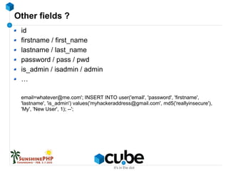 Other fields ?
id
firstname / first_name
lastname / last_name
password / pass / pwd
is_admin / isadmin / admin
…
email=wha...