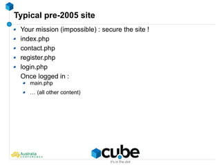 Typical pre-2005 site
Your mission (impossible) : secure the site !
index.php
contact.php
register.php
login.php
Once logged in :
main.php
… (all other content)
 